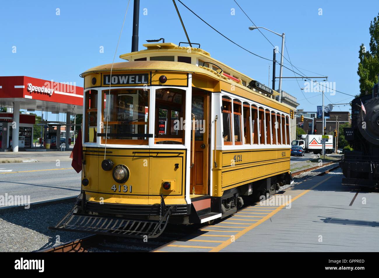 An antique trolley streetcar in Lowell, MA. The Lowell trolley system