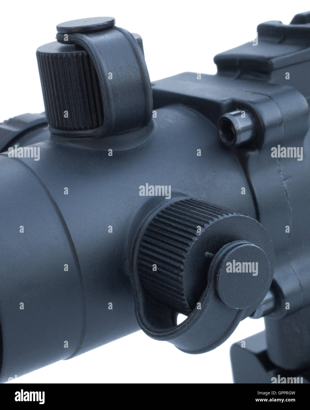 Knobs that are turned to adjust point of impact on a rifle scope Stock