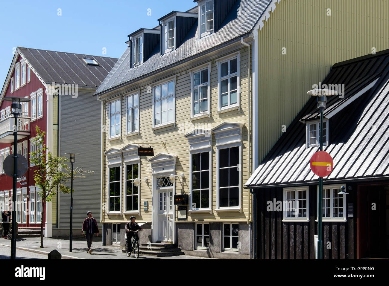 Fish Market restaurant in traditional old wooden building. Aðalstræti