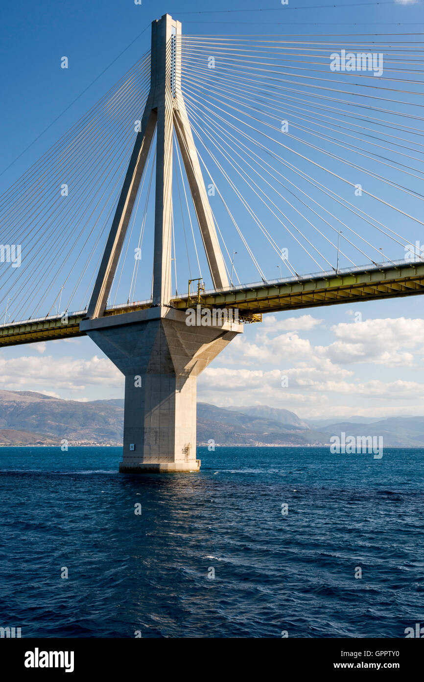 Cablestayed suspension bridge crossing Corinth Gulf strait, Greece. It