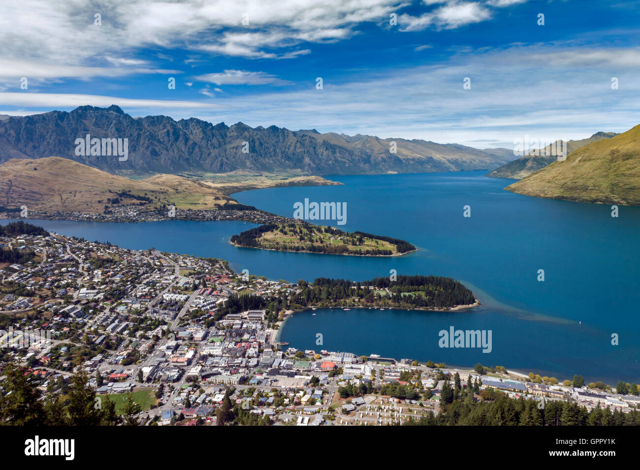 Arial view of Lake Wakatipu and Queenstown, south island of New Zealand ...