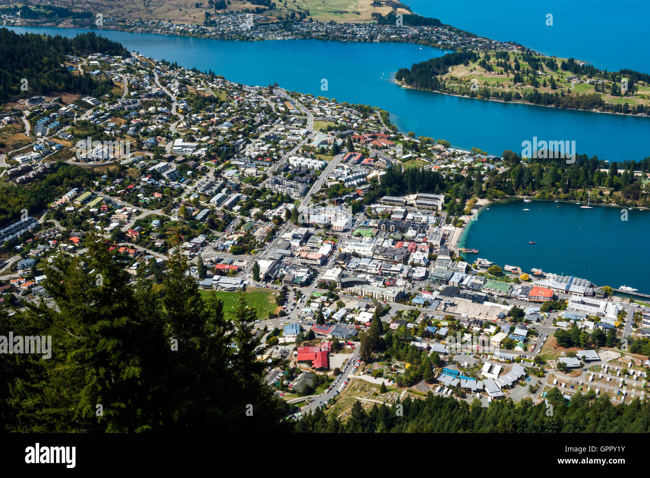 Arial view of Lake Wakatipu and Queenstown, south island of New Zealand ...
