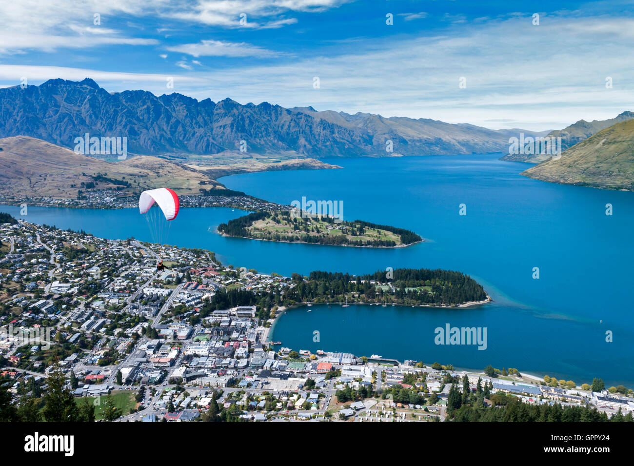 Aerial view of Lake Wakatipu and Queenstown, south island of New Zealand Stock Photo