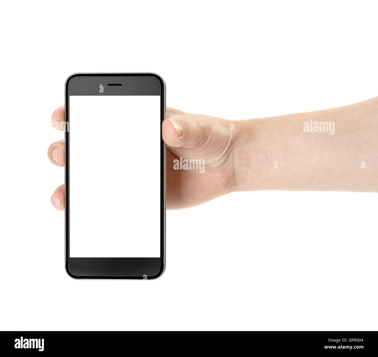 Smartphone in hand on white background, isolated Stock Photo - Alamy