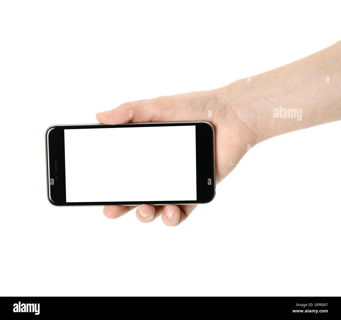 Smartphone in hand on white background, isolated Stock Photo - Alamy