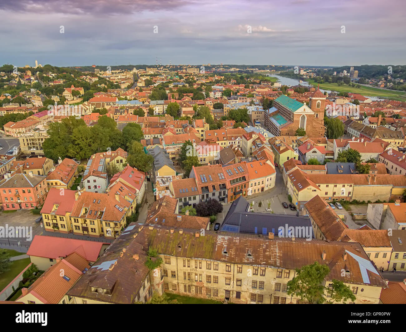 Kaunas, Lithuania: aerial UAV top view of Old Town Stock Photo