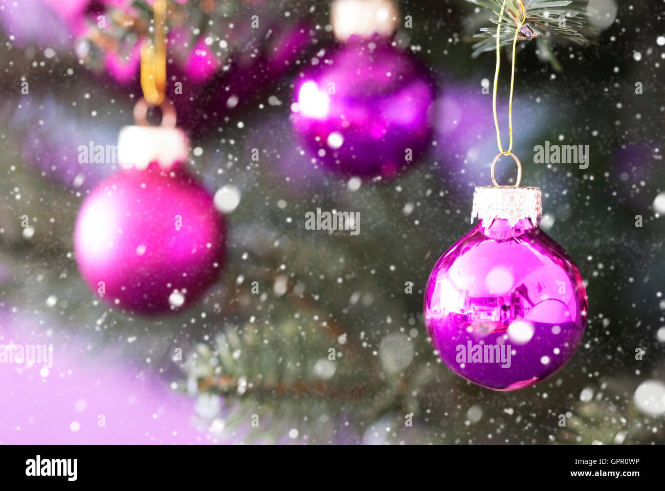 Blurry Christmas Tree With Rose Quartz Balls, Snowflakes Stock Photo
