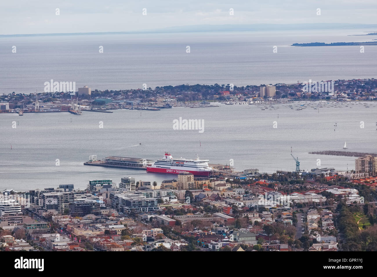 Melbourne, Australia - August 27, 2016: Aerial view of Spirit of Tasmania vessel docked at Port Melbounre Stock Photo