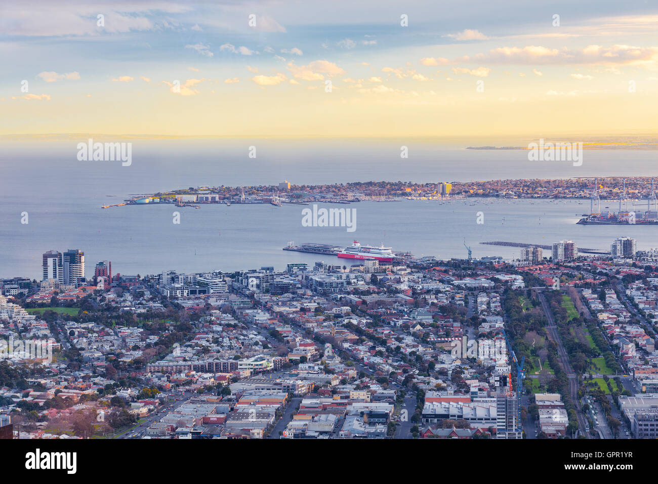 Melbourne, Australia - August 27, 2016: Aerial view of Spirit of Tasmania vessel docked at Port Melbounre at sunset Stock Photo
