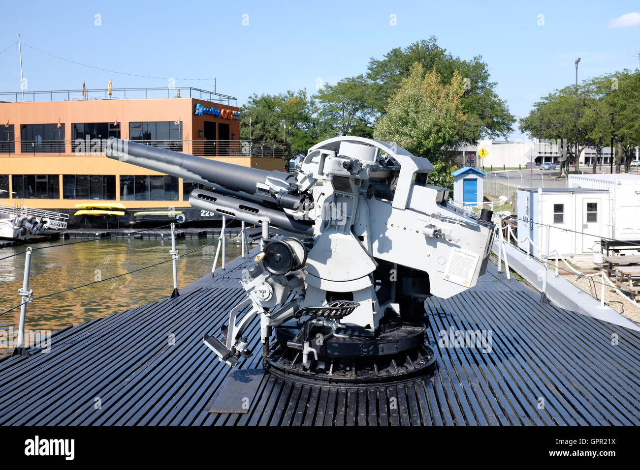 Deck Gun on USS Cod Submarine Memorial in Cleveland, Ohio Stock Photo