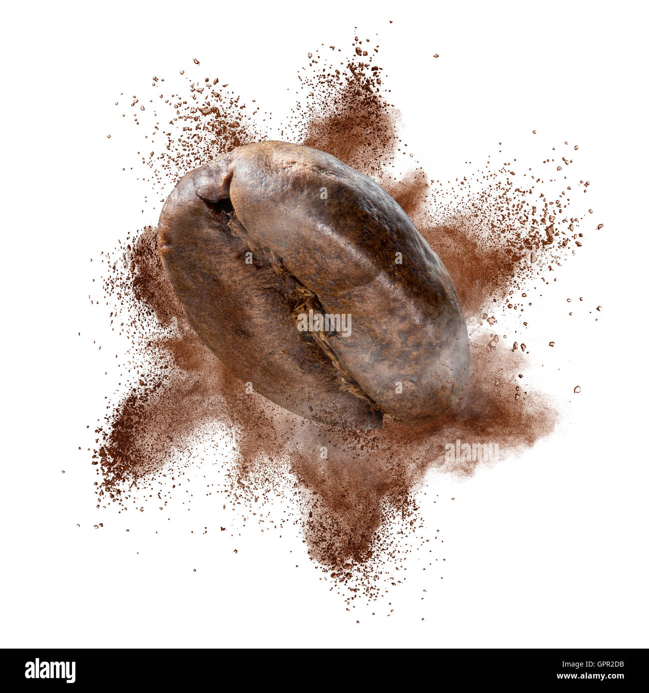 Ground coffee explosion with full bean isolated on black background