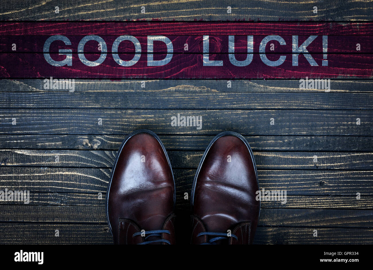 Good luck message and business shoes on wooden floor Stock Photo Alamy
