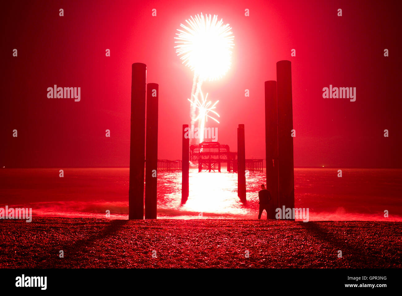 West Pier, Brighton, United Kingdom fireworks display behind the West