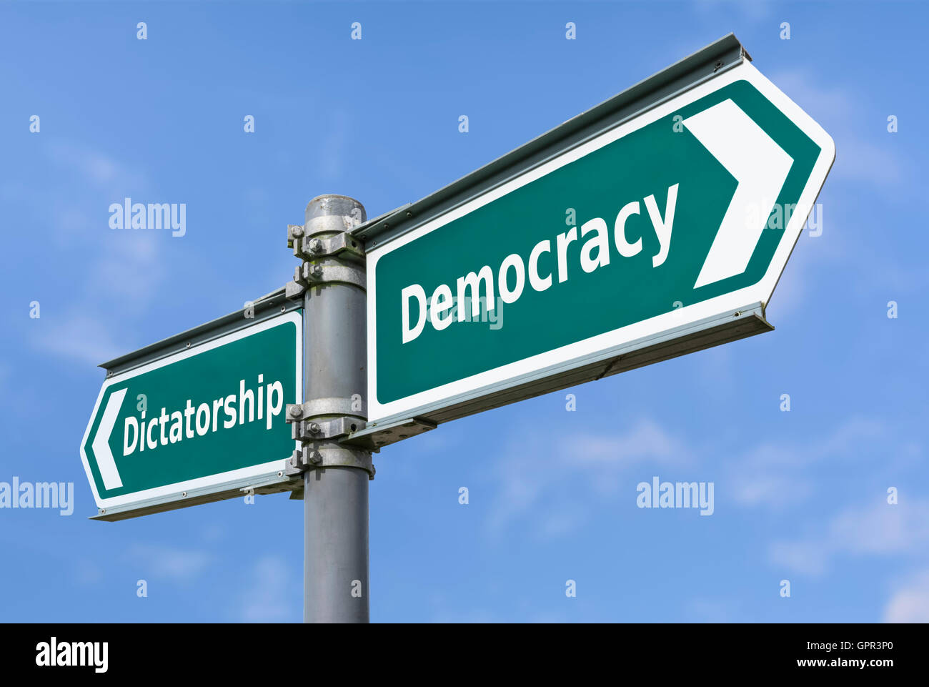 Dictatorship or Democracy sign to show concept of government types. Stock Photo
