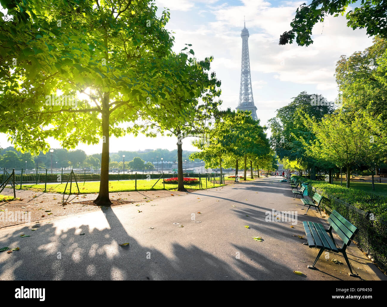 Sunny morning and Eiffel Tower, Paris, France Stock Photo