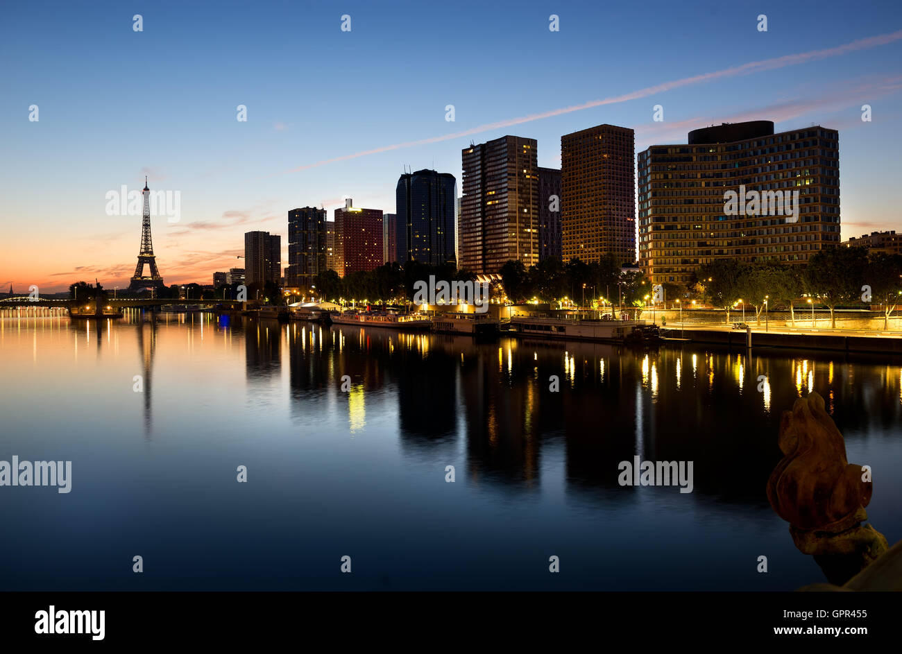 View of the Eiffel tower and Seine river at sunrise, Paris Stock Photo