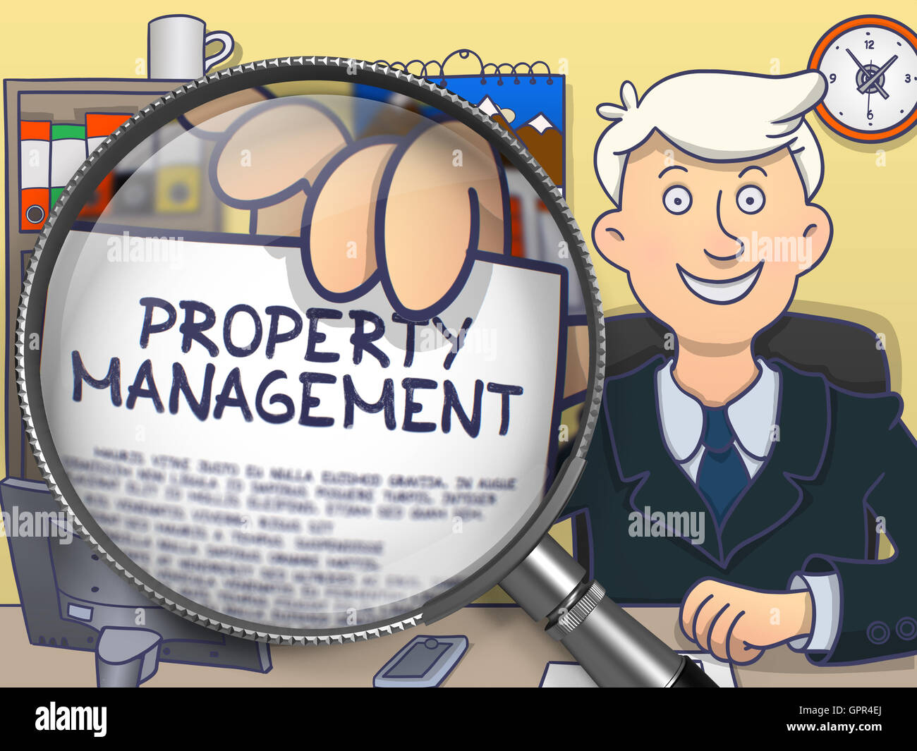 Property Management through Magnifying Glass. Doodle Concept Stock
