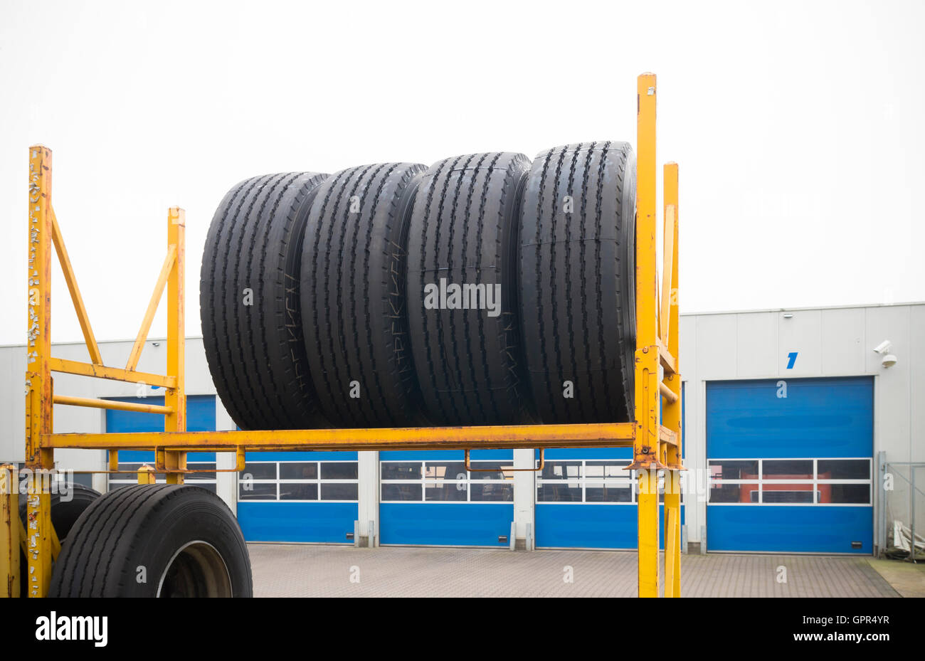 outdoors storage of brand new truck tires Stock Photo