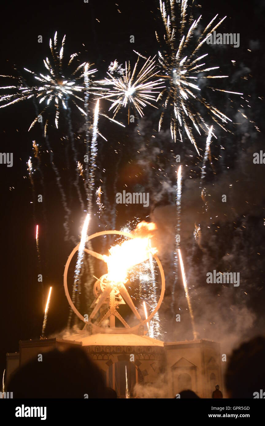 The Burning Man sculpture is set fire during the final celebration at the annual desert festival Burning Man September 3, 2016 in Black Rock City, Nevada. Stock Photo