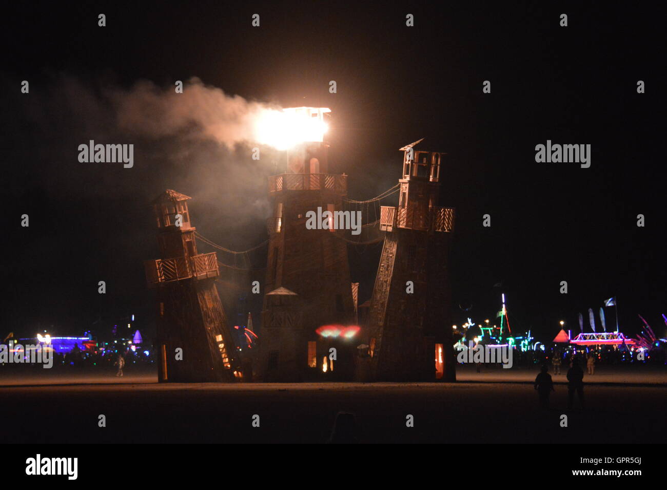 The Lighthouse art display is set fire during the final celebration at the annual desert festival Burning Man September 4, 2016 in Black Rock City, Nevada. Stock Photo