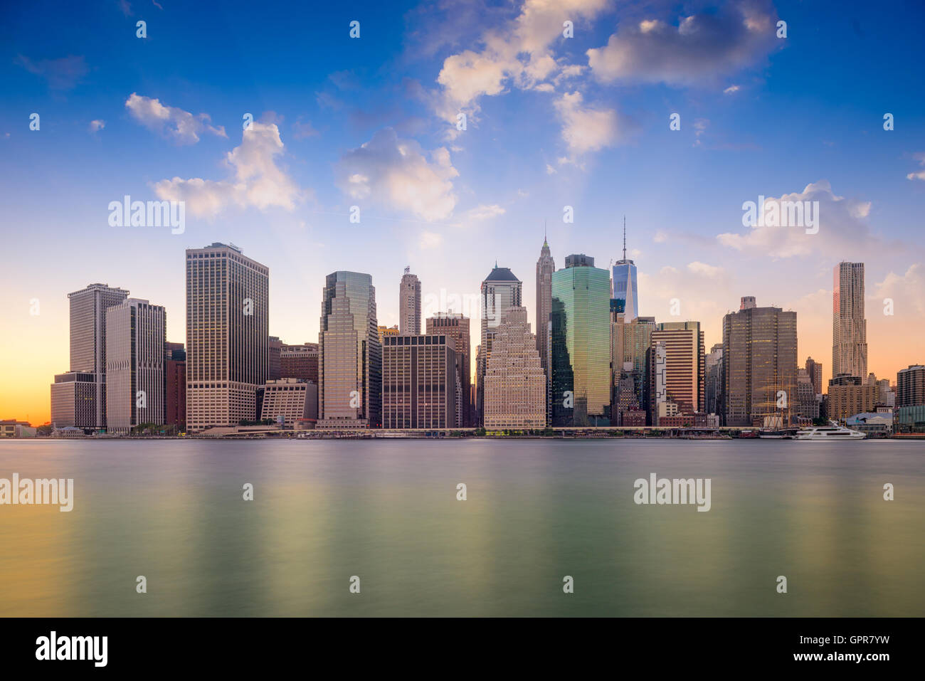 New York City, USA financial district skyline at dusk. Stock Photo