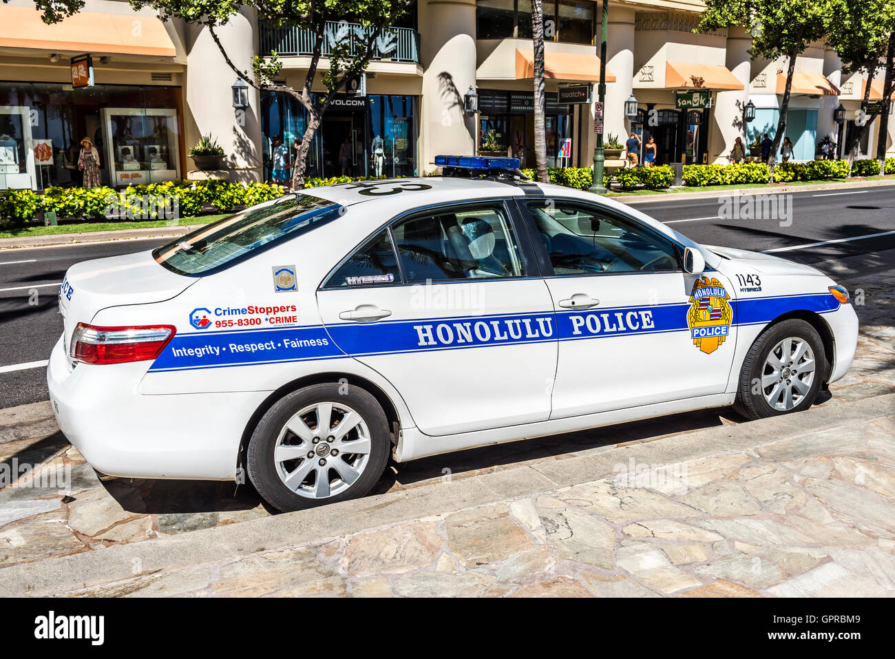 Honolulu Police Department car parked in Waikiki, Honolulu, Hawaii, USA Stock Photo