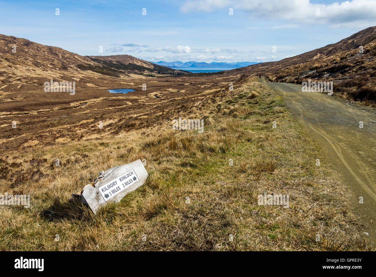 Distance sign on the track down Kinloch Glen, Isle of Rum, Scotland, UK. Stock Photo
