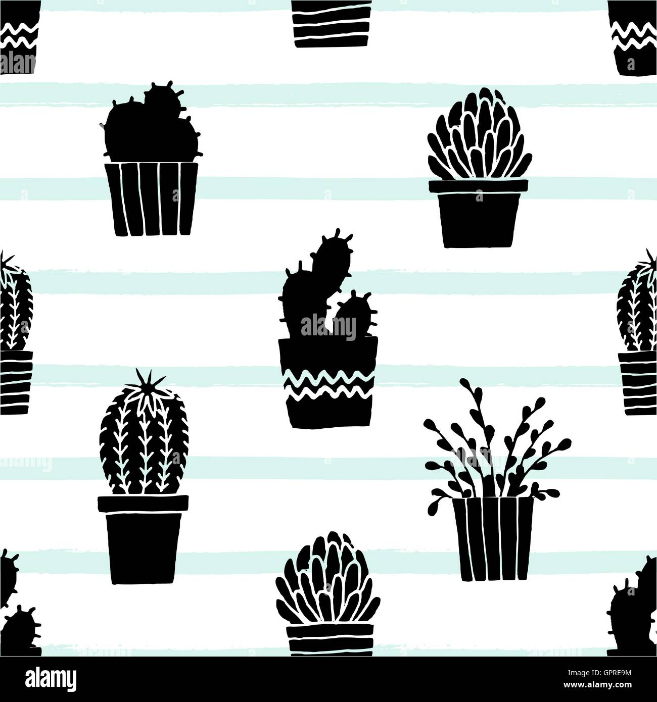 Hand drawn seamless repeat pattern with black succulent plants on a ...