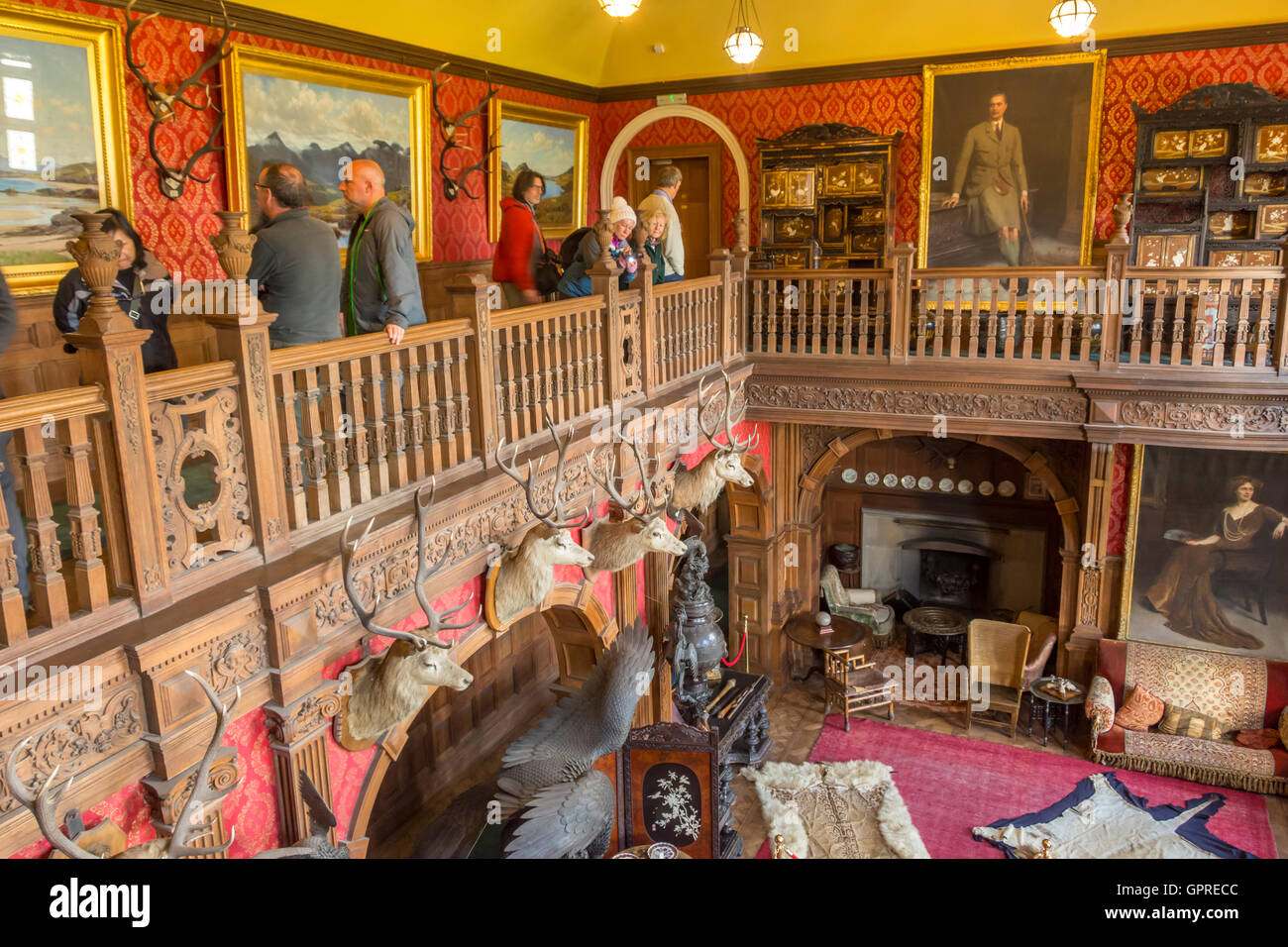 The Gallery of the Grand Hall inside Kinloch Castle, Isle of Rum, Scotland, UK Stock Photo