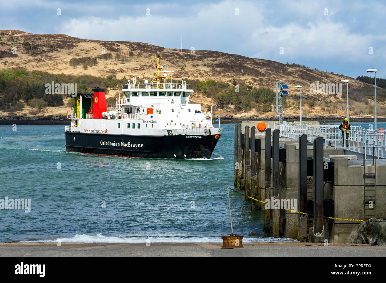 The Small Isles ferry 'Lochnevis' at the pier on Loch Scresort, Kinloch, Isle of Rum, Inner Hebrides, Scotland, UK Stock Photo