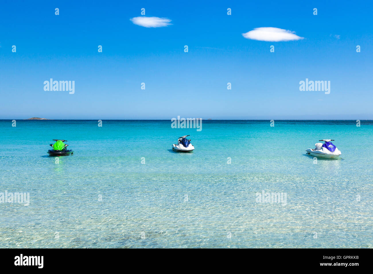 Jet ski mooring in the turquoise water of Rondinara beach in Corsica