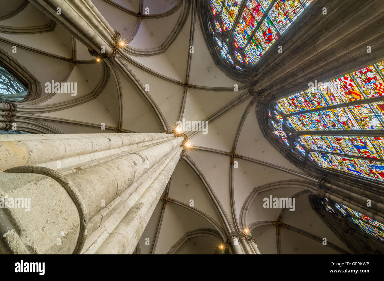 Ceiling and stained glass of the Cologne Cathedral. Germany. Stock Photo