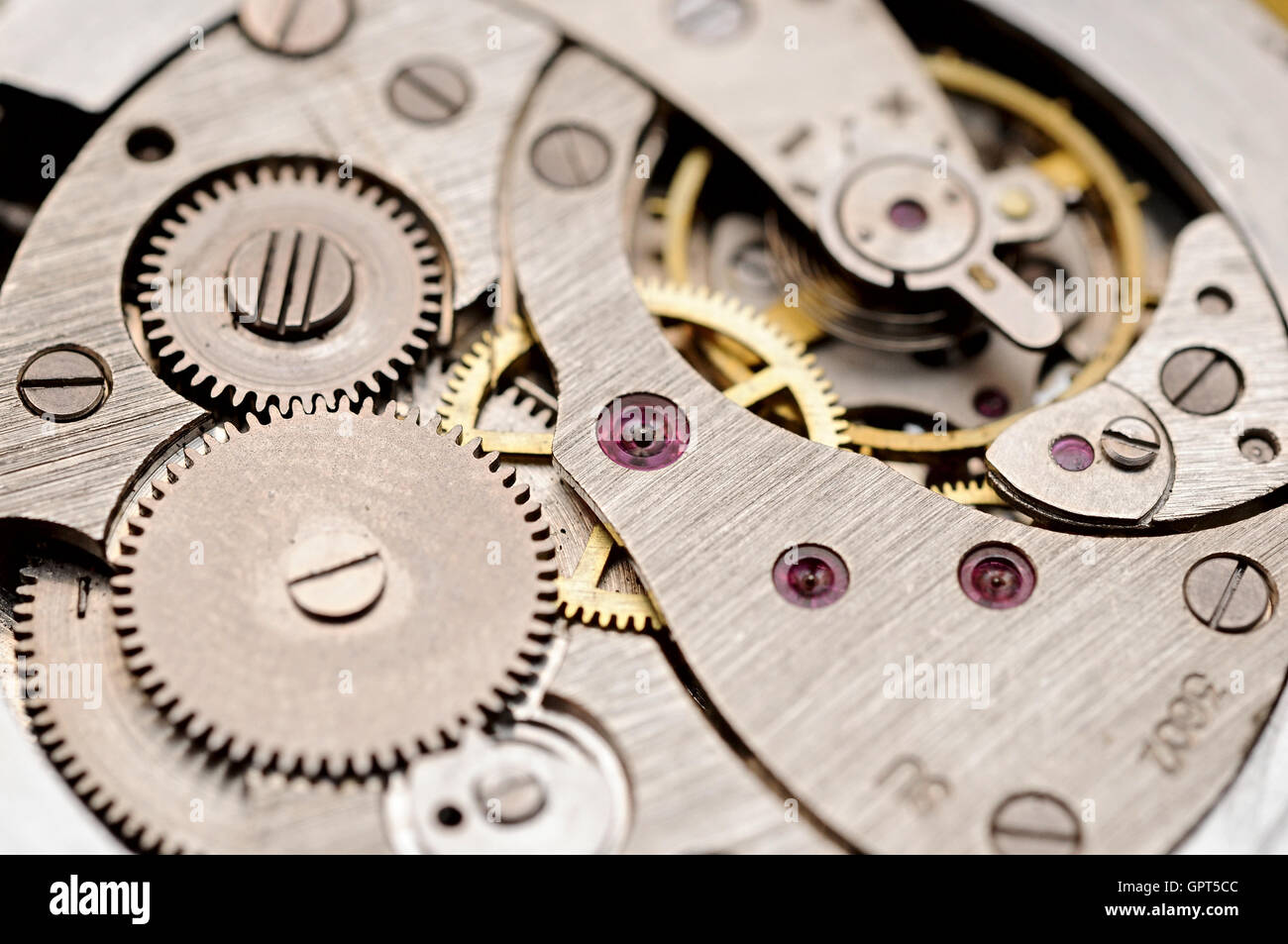 gears and mainspring in the mechanism of a pocket watch (pocketw Stock Photo