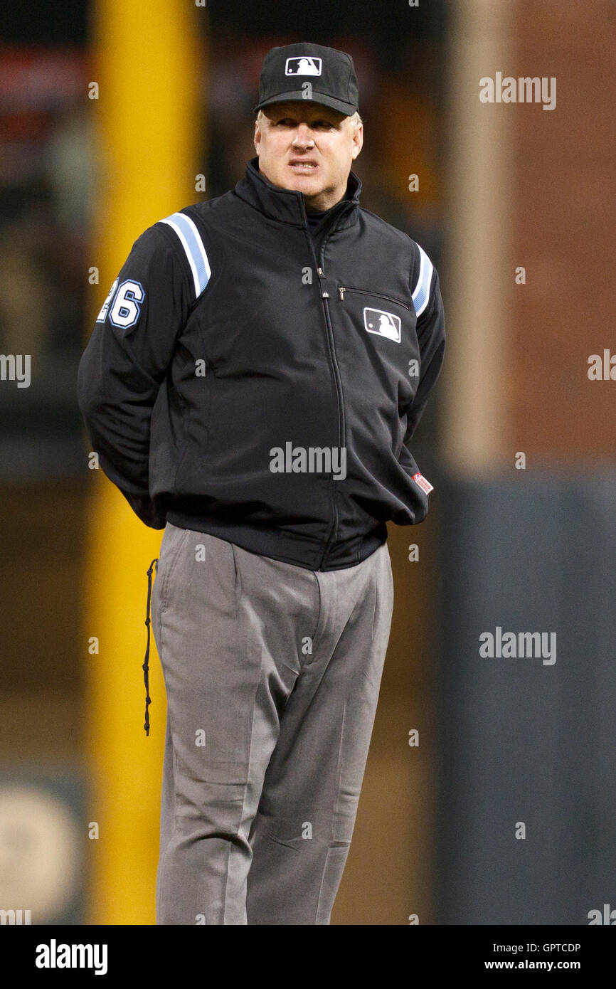 March 28, 2011; San Francisco, CA, USA;  Major League Baseball umpire Bill Miller (26) during the fifth inning between the San Francisco Giants and the Oakland Athletics at AT&T Park.  San Francisco defeated Oakland 4-3. Stock Photo