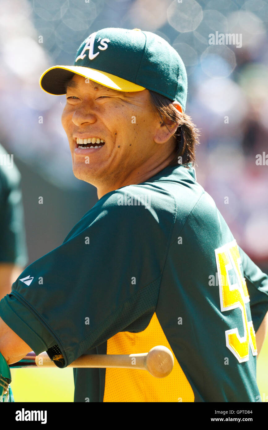 April 3, 2011; Oakland, CA, USA;  Oakland Athletics left fielder Hideki Matsui (55) during batting practice before the game against the Seattle Mariners at Oakland-Alameda County Coliseum. Stock Photo