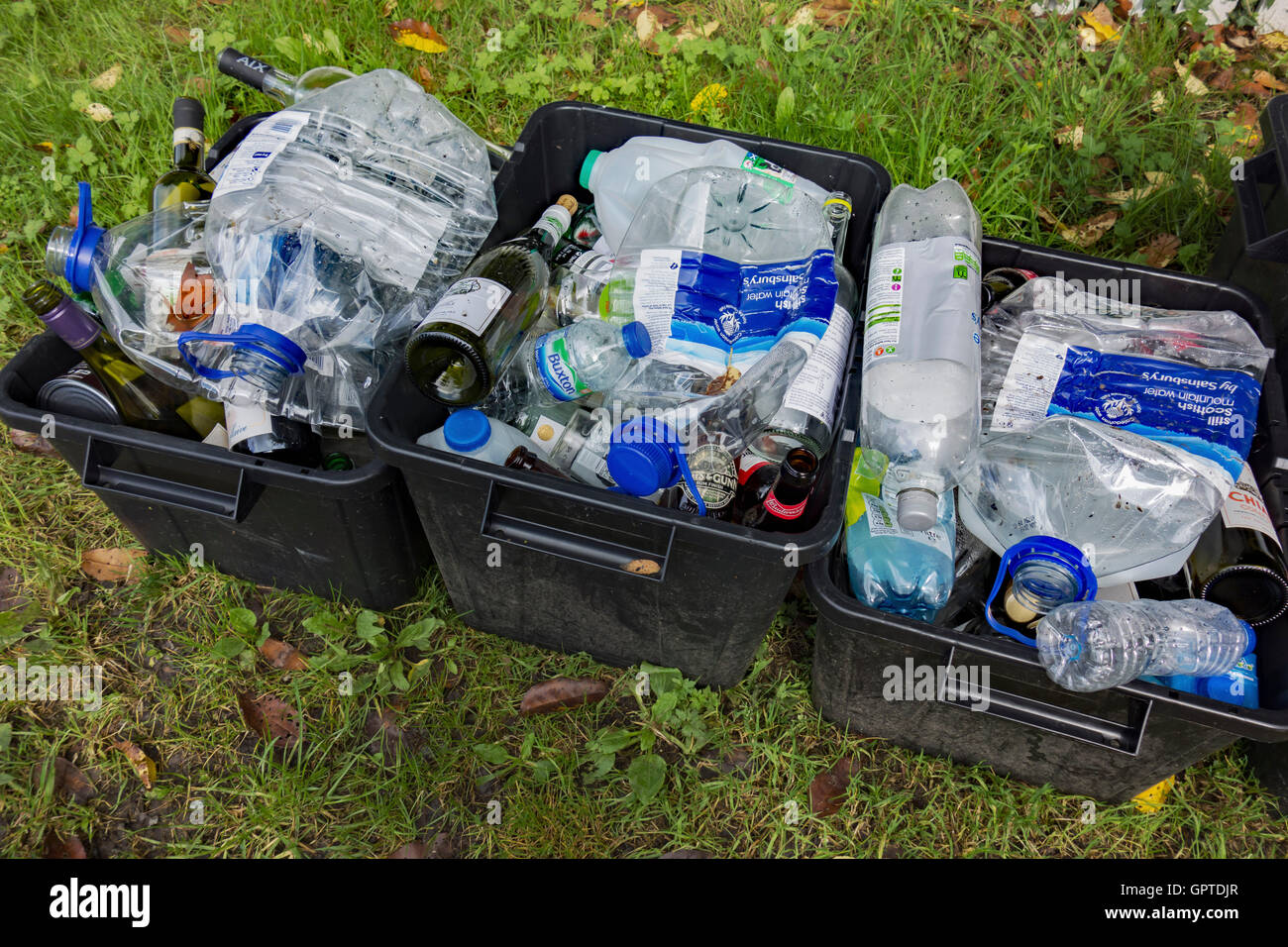 Plastic bottles and glass bottles in waste recycling collection boxes. Stock Photo