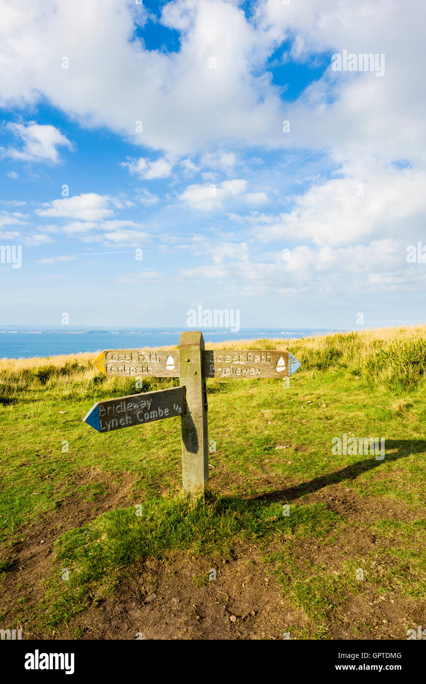 South West Coast Path Signpost on Selworthy Beacon in the Exmoor National Park near Porlock, Somerset, England. Stock Photo