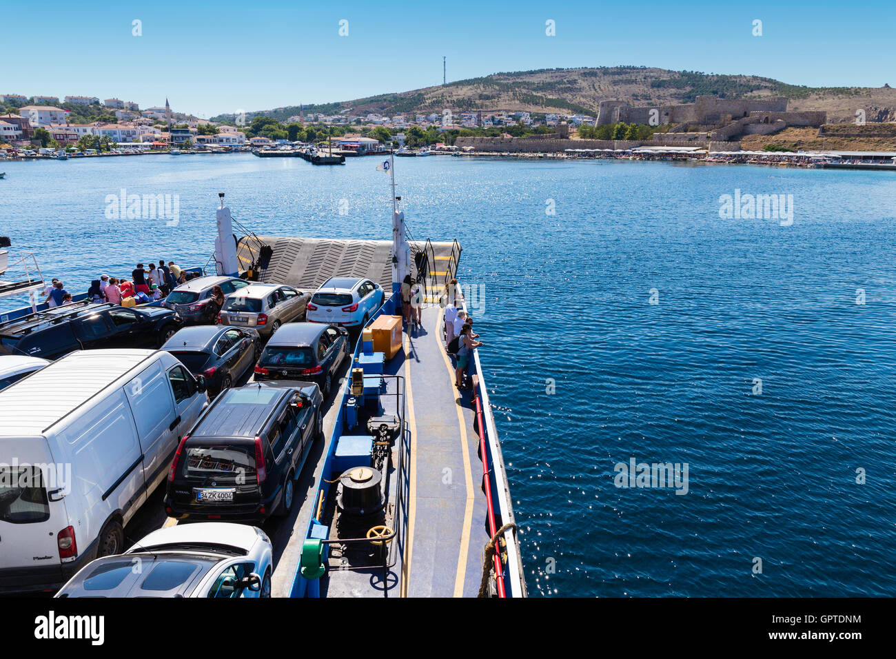 Ferry is approaching towards Bozcaada port, Canakkale, Turkey Stock Photo