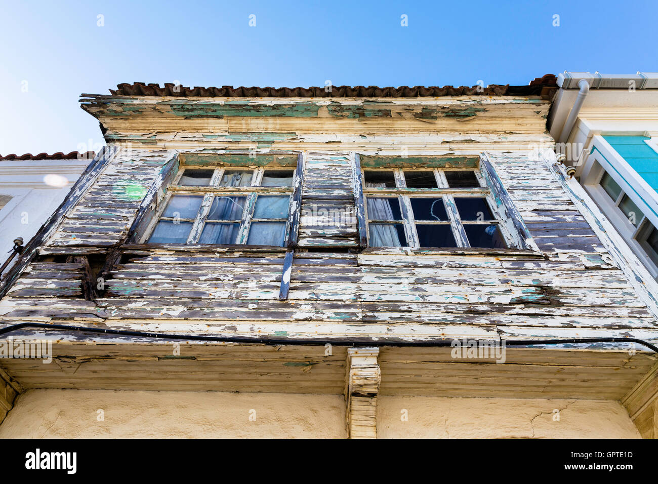 Historical old Ottoman wooden house closeup view in Bozcaada, Canakkale, Turkey Stock Photo