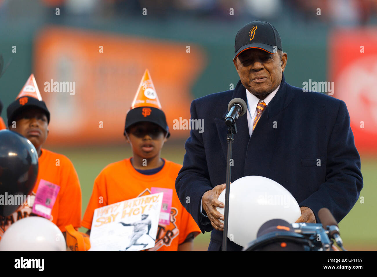 May 6, 2011; San Francisco, CA, USA;  Former San Francisco Giants center fielder Willie Mays was honored on his 80th birthday before the game between the San Francisco Giants and the Colorado Rockies at AT&T Park. Stock Photo