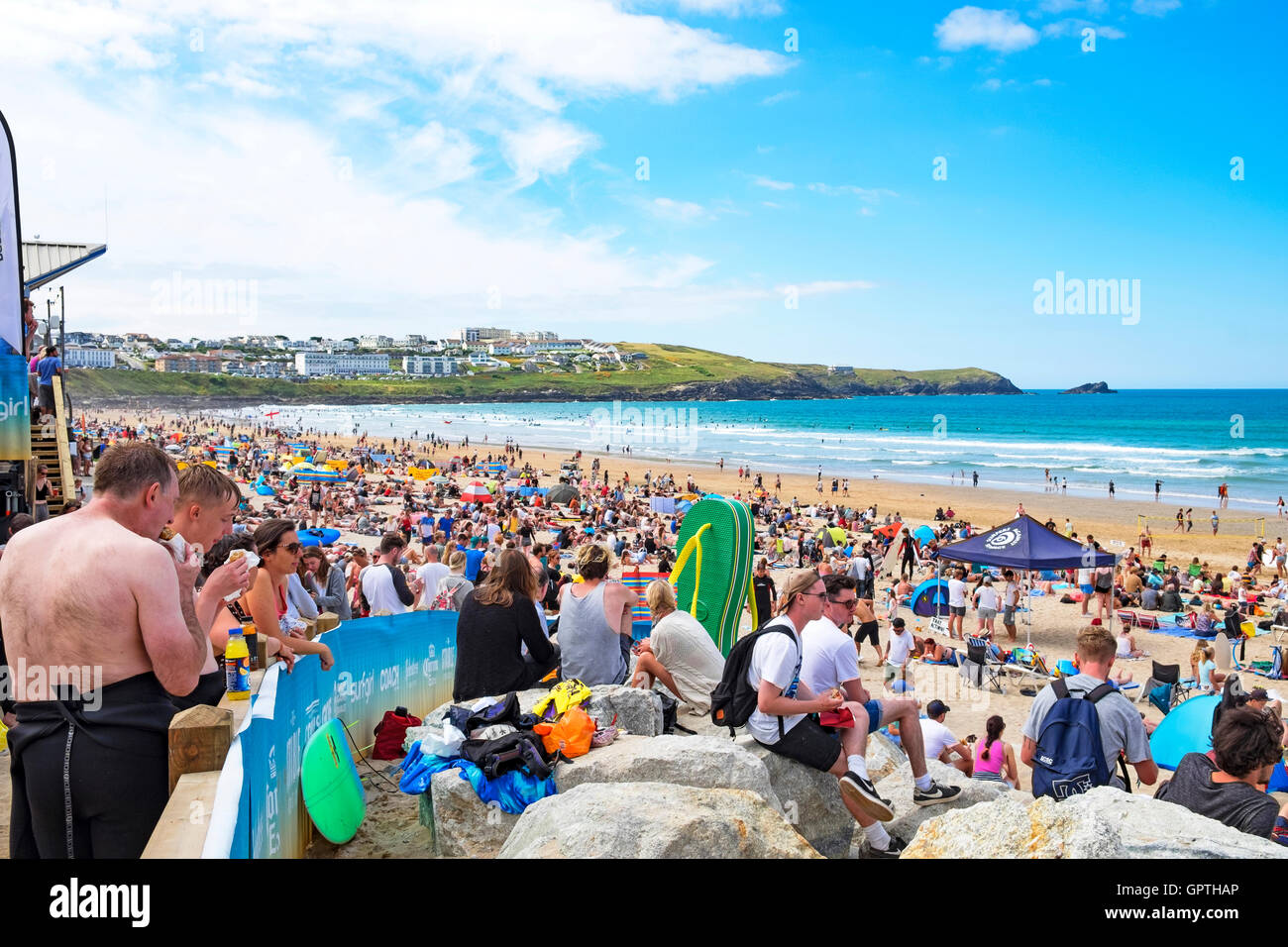 A crowded fistral beach for the annual boardmasters surfing competition at newquay in cornwall, uk Stock Photo
