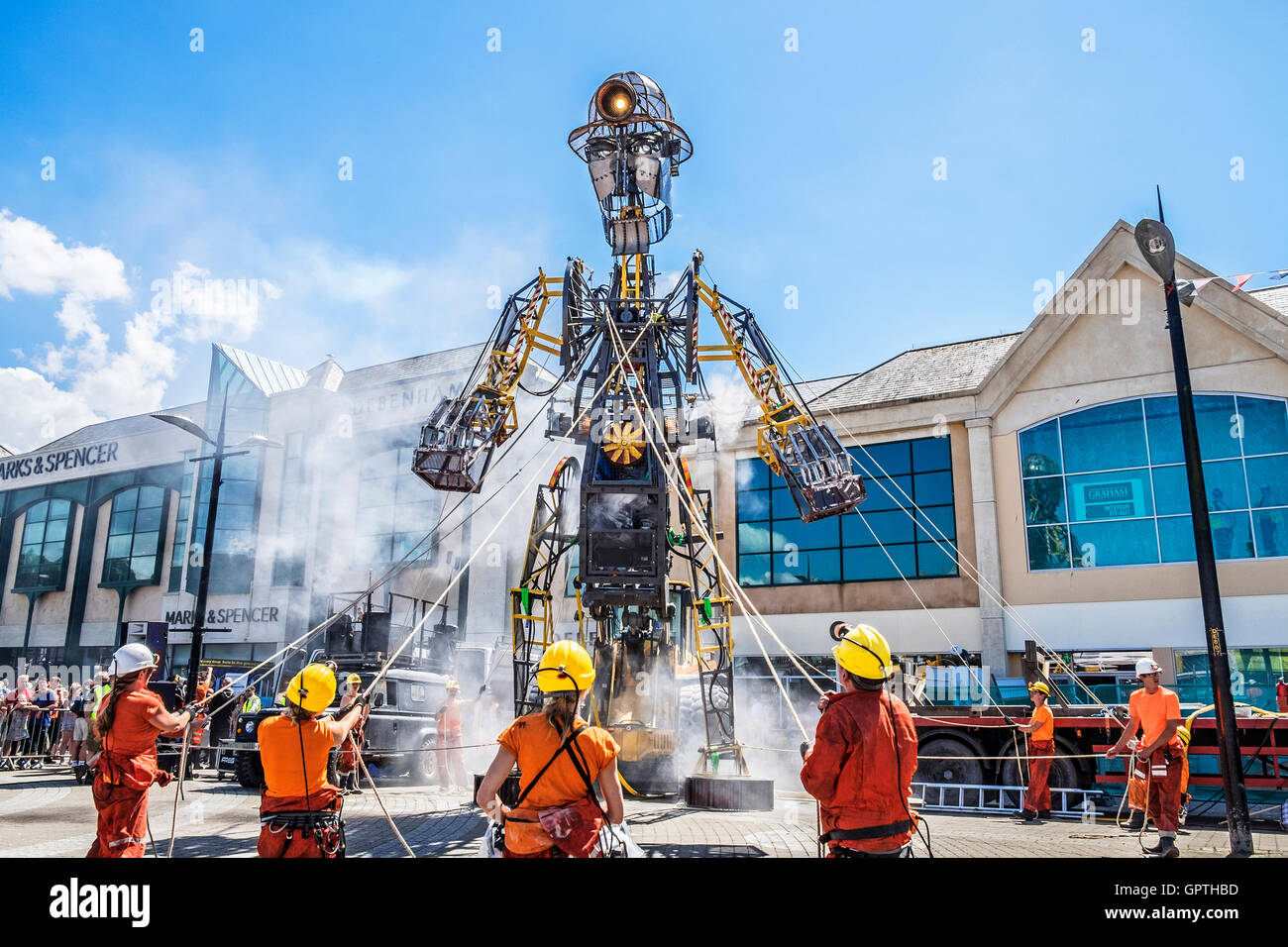 The ' Man Engine ' a 10 metre high mechanical puppet in Turo, Cornwall, UK. Stock Photo