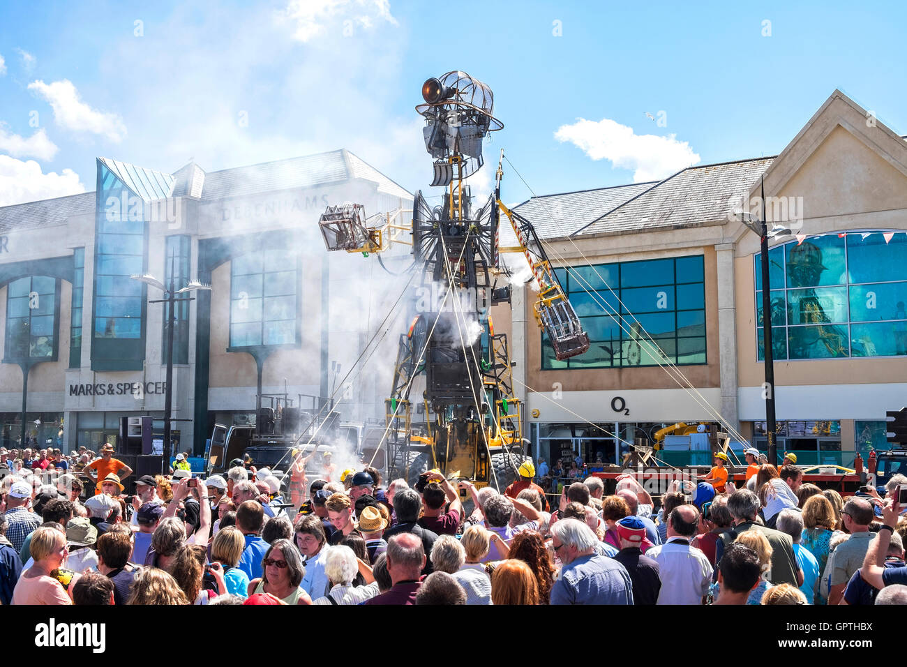 The ' Man Engine ' a 10 metre high mechanical puppet in Turo, Cornwall, UK. Stock Photo