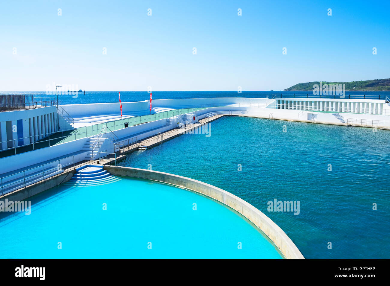 The Lido open air jubilee swimming pool on the coast at Penzance in Cornwall, England, UK Stock Photo