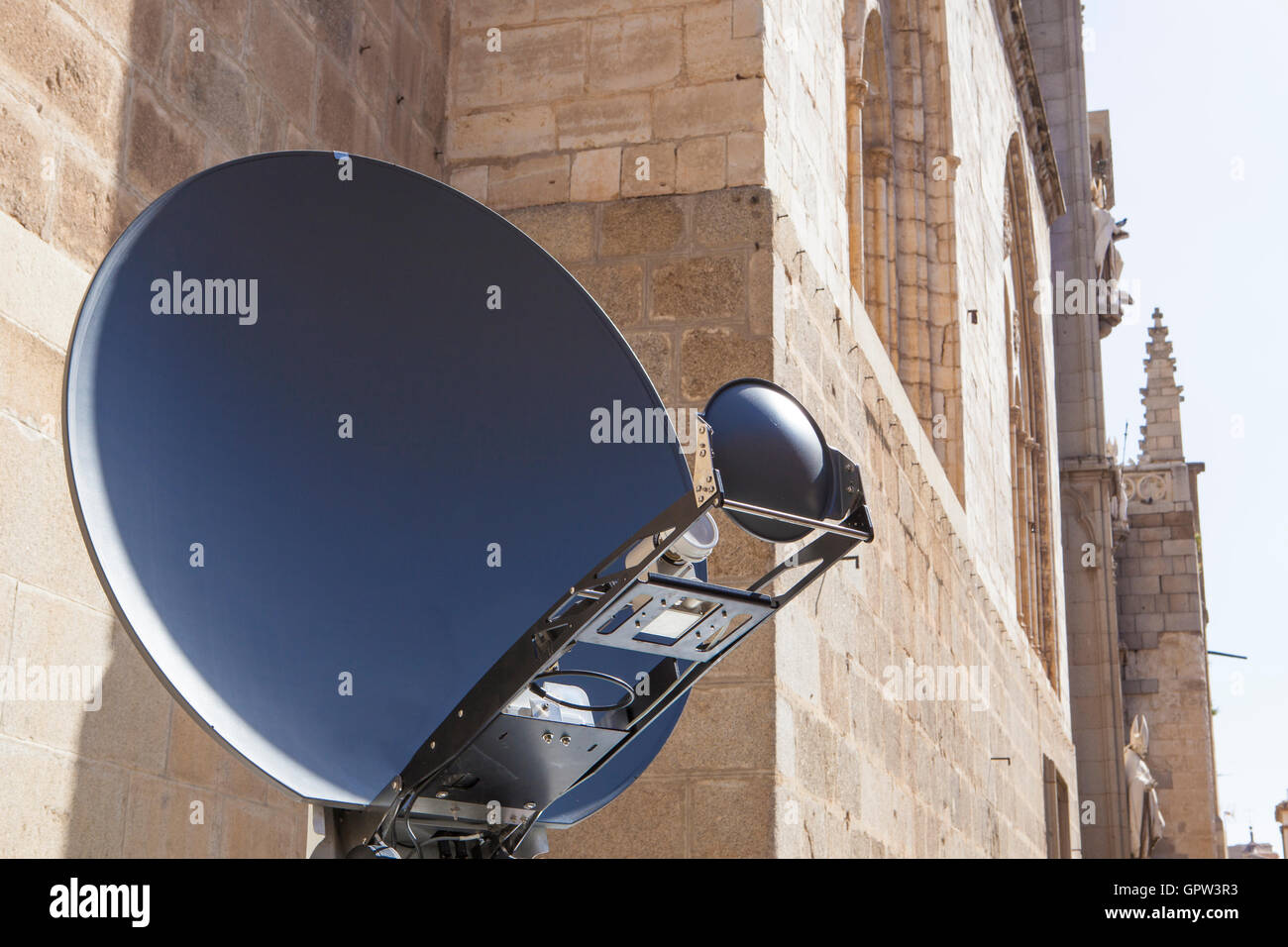 Tv news antenna truck detail at old town city, Toledo Stock Photo