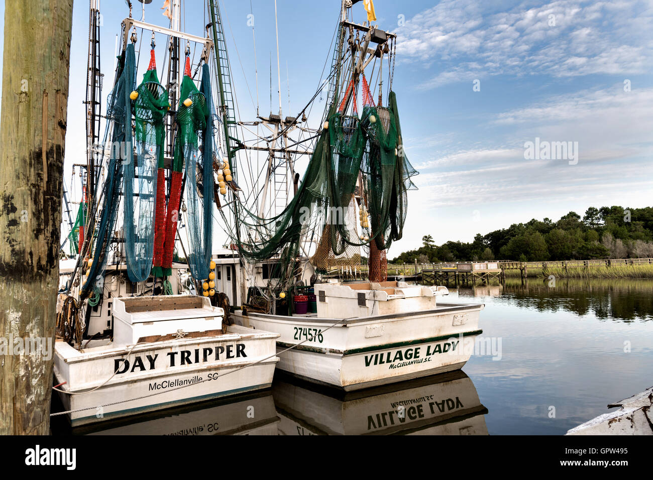 Shrimp boats tied up at the docks along Jeremy Creek in the village of