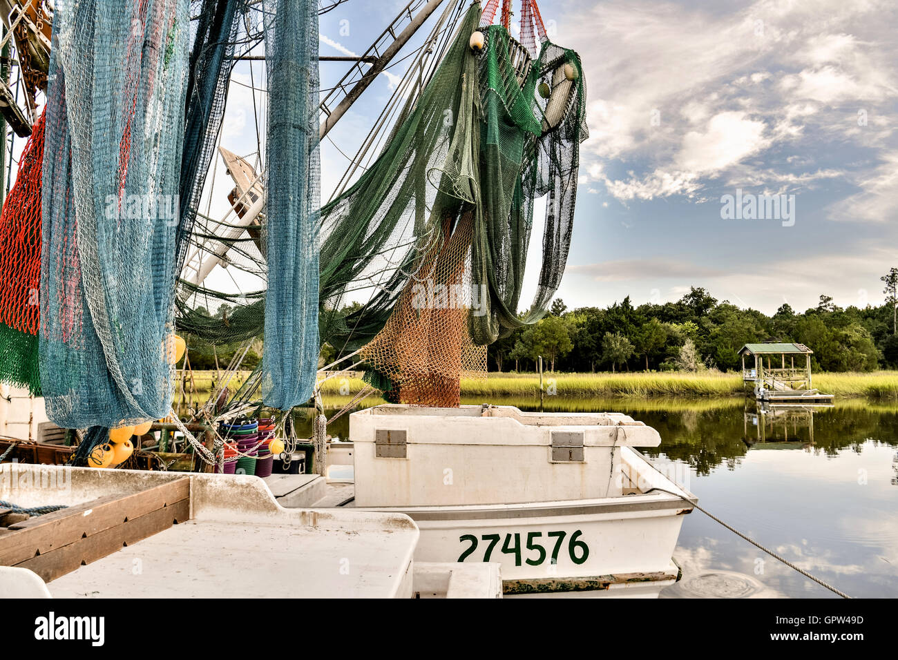 Shrimp boats tied up at the docks along Jeremy Creek in the village of