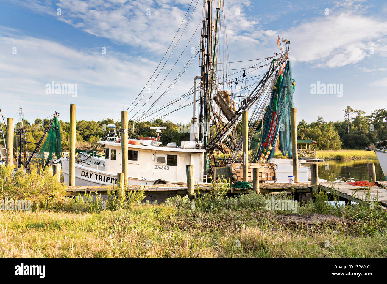 Shrimp boats tied up at the docks along Jeremy Creek in the village of