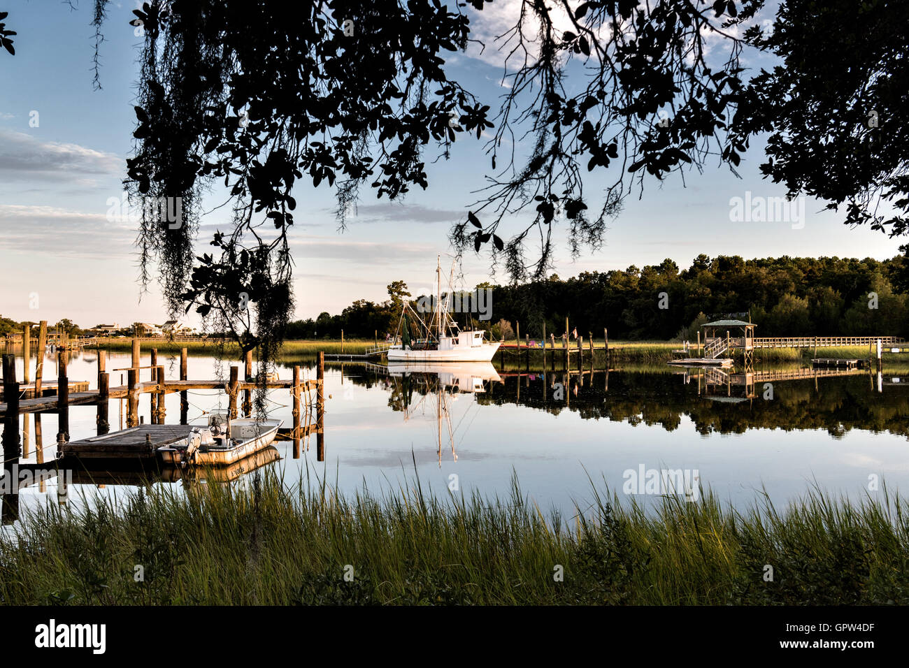Shrimp boats along Jeremy Creek in the village of McClellanville, South