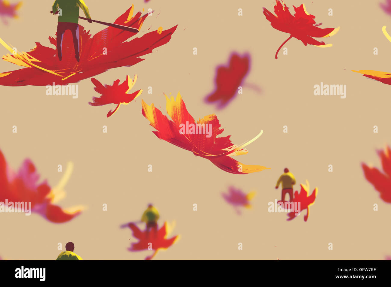 seamless pattern of small men on maple leaves,autumn concept,illustration painting Stock Photo